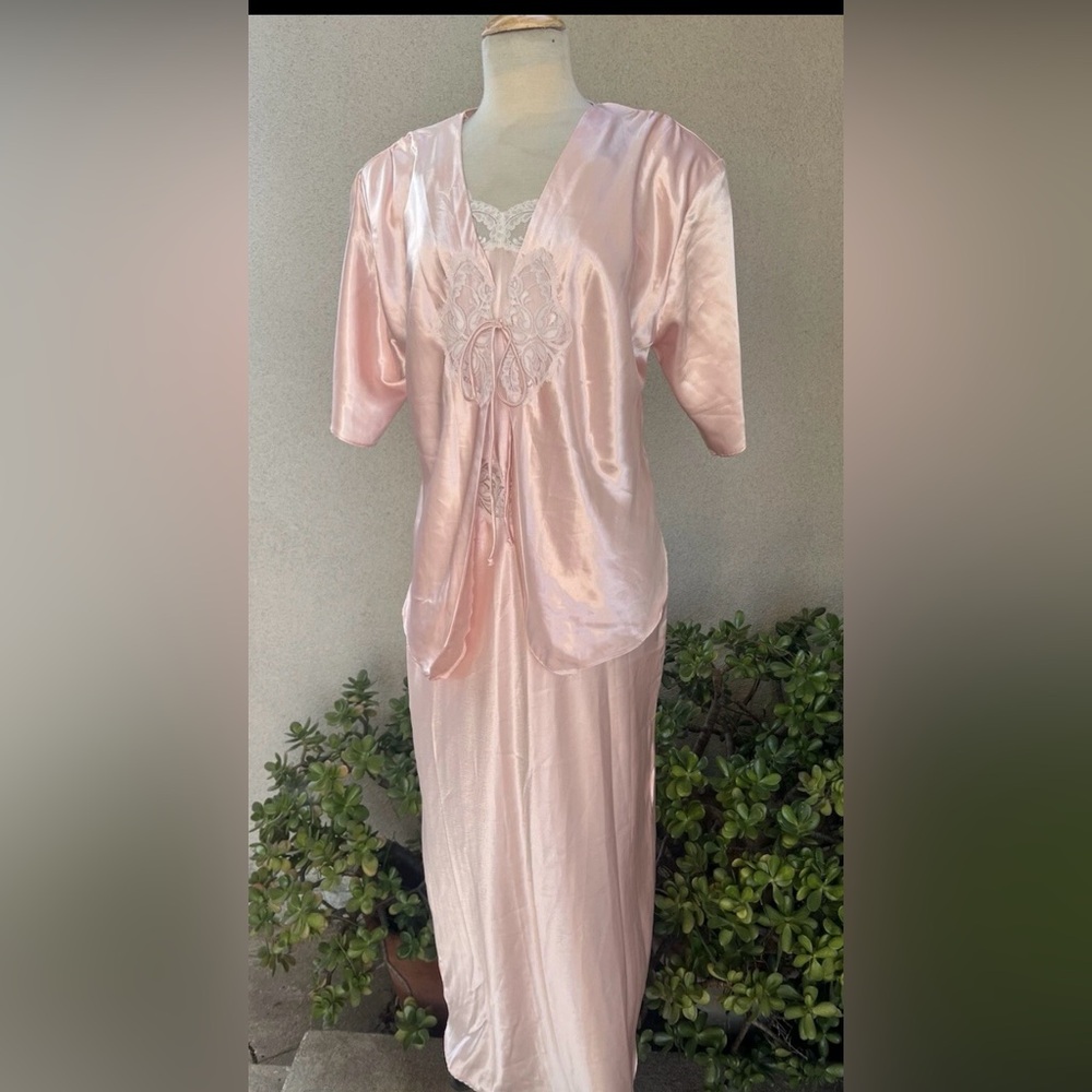 Vtg 80s pink satin lingerie set nightgown short jacket M California Dynasty NWT